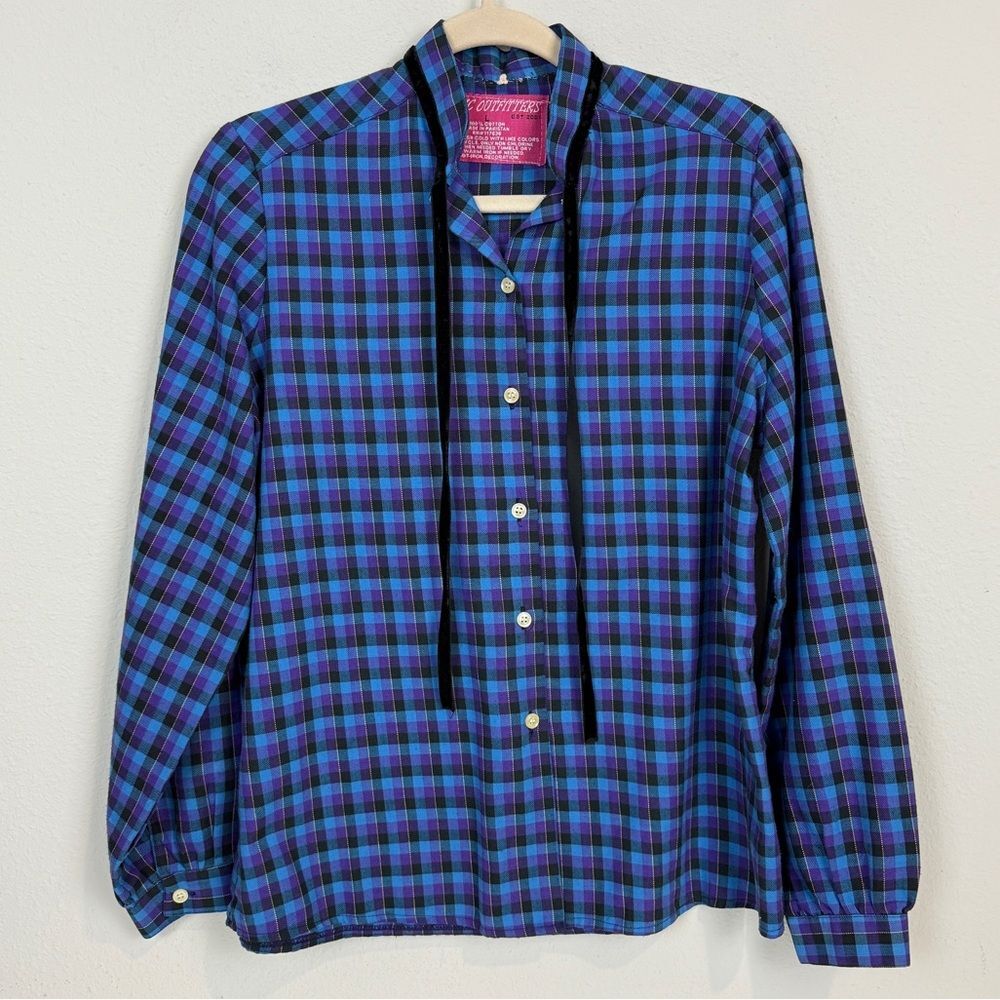 Rustic Outfitters Blue Plaid Velvet Ribbon Tie Front Equestrian Shirt L